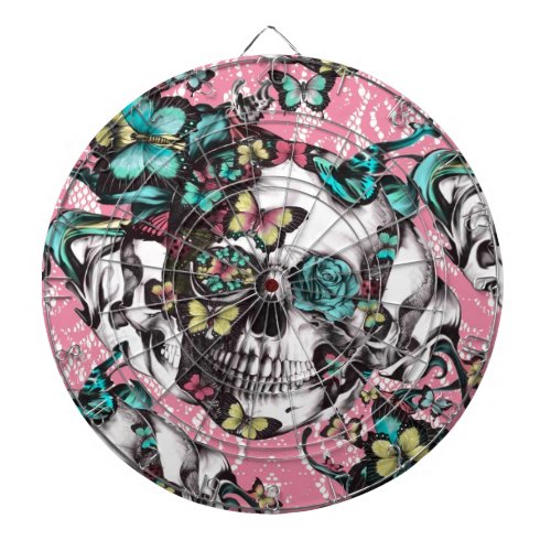 Floral rose skull with butterflies dartboard