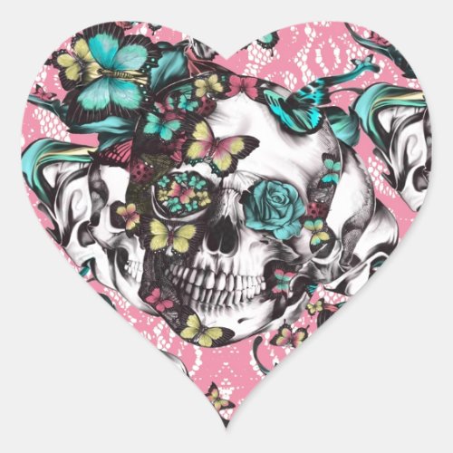 Floral rose skull with butterflies heart sticker