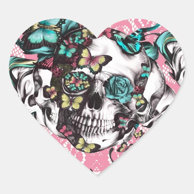 Floral rose skull with butterflies. heart sticker (Front)