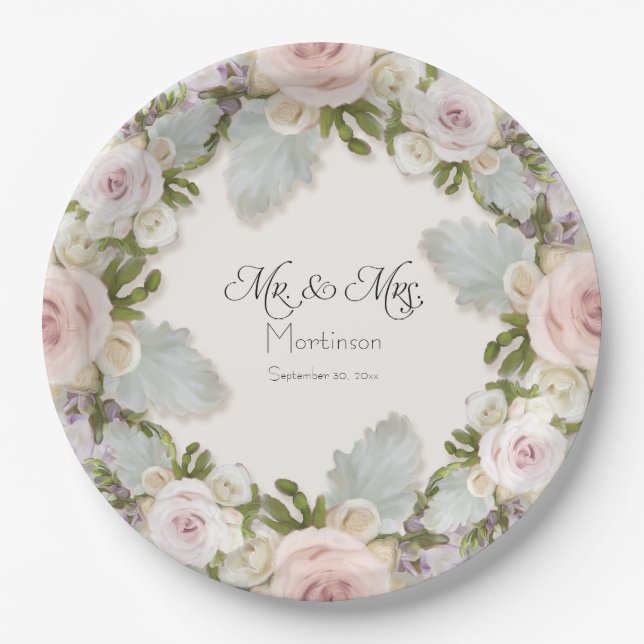 Floral Rose Succulent Foliage Mr and Mrs Wedding Paper Plates (Front)