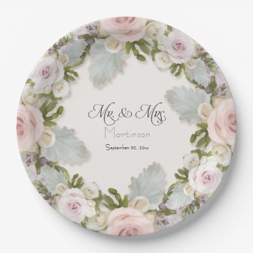 Floral Rose Succulent Foliage Mr and Mrs Wedding Paper Plates