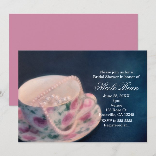 Floral Rose Tea Cup & Pearls Bridal Shower Invitation (Front/Back)