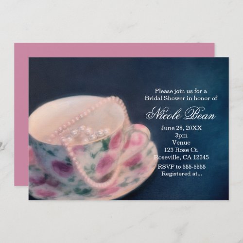 Floral Rose Tea Cup  Pearls Bridal Shower Invitation