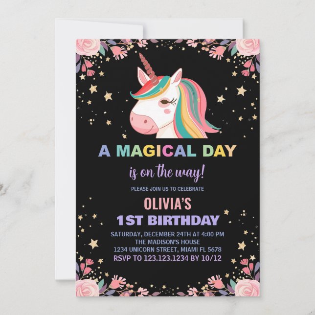 Floral Rose Unicorn Birthday Invitations (Front)