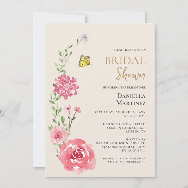 Floral rose watercolor butterfly Bridal Shower  Invitation (Front)