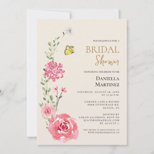 Floral rose watercolor butterfly Bridal Shower  Invitation