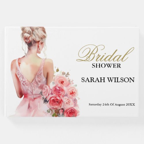 Floral Rose Watercolor Wedding Gown Bridal Shower  Guest Book