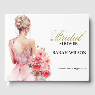 Floral Rose Watercolor Wedding Gown Bridal Shower  Guest Book