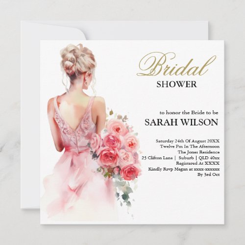 Floral Rose Watercolor Wedding Gown Bridal Shower  Invitation