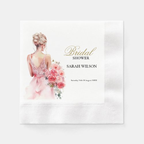 Floral Rose Watercolor Wedding Gown Bridal Shower  Napkins