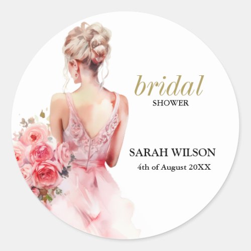 Floral Rose Watercolor Wedding Gown Collection Classic Round Sticker