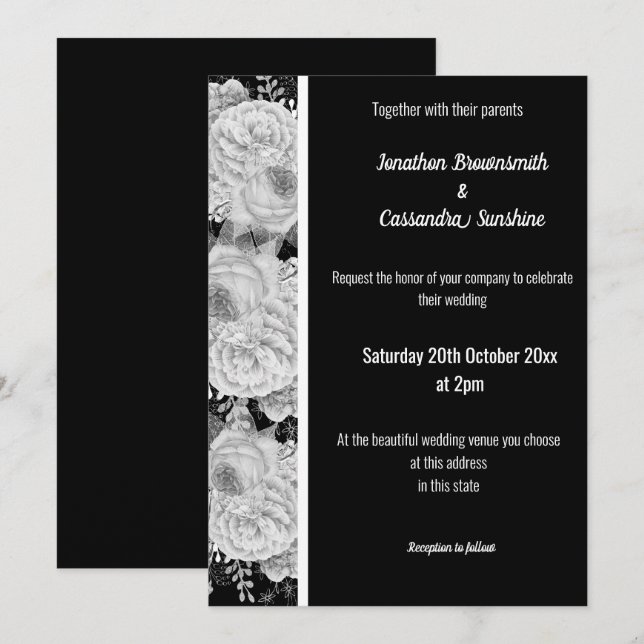 FLORAL ROSE WHITE BLACK SILVER TRIM WHITE WEDDING INVITATION (Front/Back)