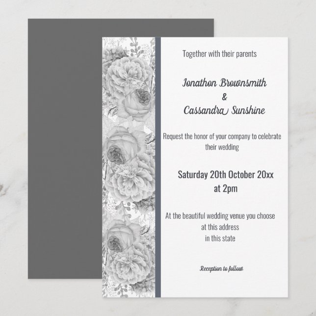 FLORAL ROSE WHITE  SILVER TRIM WHITE WEDDING INVITATION (Front/Back)