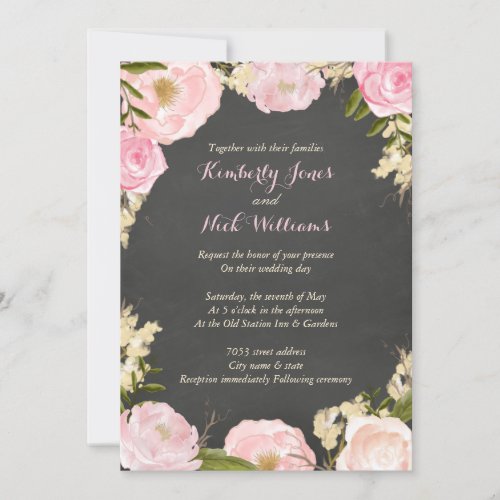 Floral Rose Wreath Chalkboard Wedding Invite