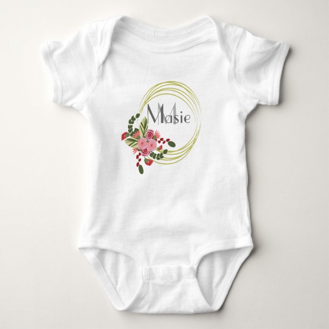 Floral Rose Wreath Personalized Name Baby Bodysuit (Front)