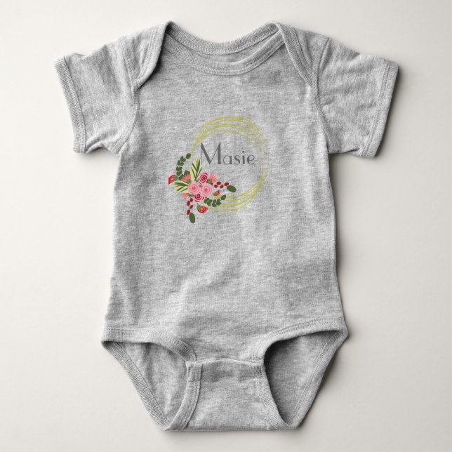Floral Rose Wreath Personalized Name Baby Bodysuit (Front)