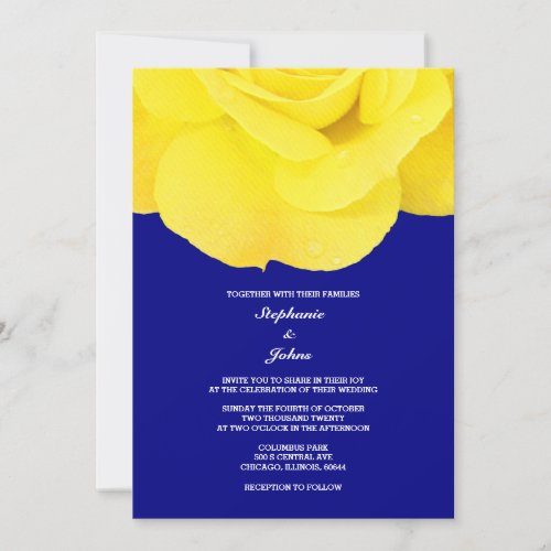 Floral Rose Yellow Navy Blue Spring Summer Wedding Invitation