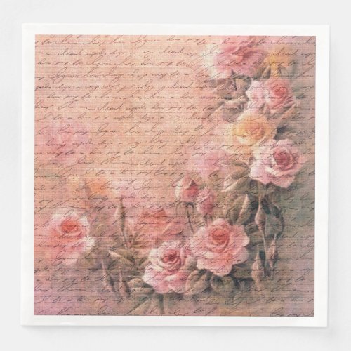Floral Roses Antique Handwriting Decoupage Paper Dinner Napkins