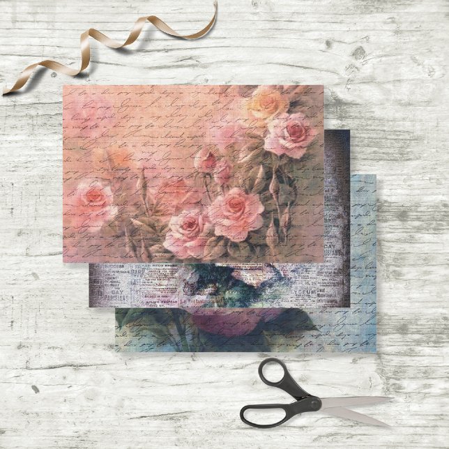 Floral Roses Antique Handwriting Decoupage Variety Wrapping Paper Sheets (3 different designs, see all the images here.)