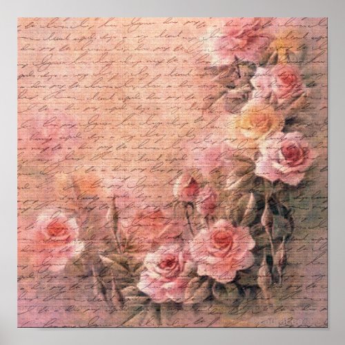 Floral Roses Antique Handwriting Poster