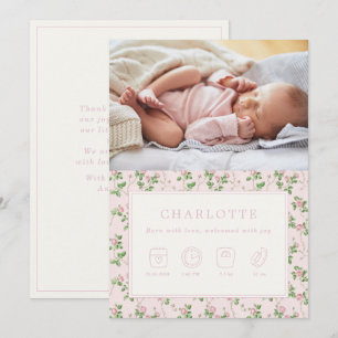 Floral Roses Baby Birth Photo Announcement Card