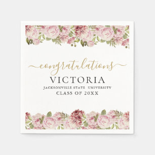 Floral Roses Black And Gold Script Graduation Napkins