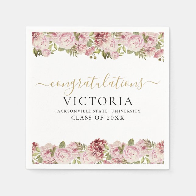 Floral Roses Black And Gold Script Graduation Napkins (Front)