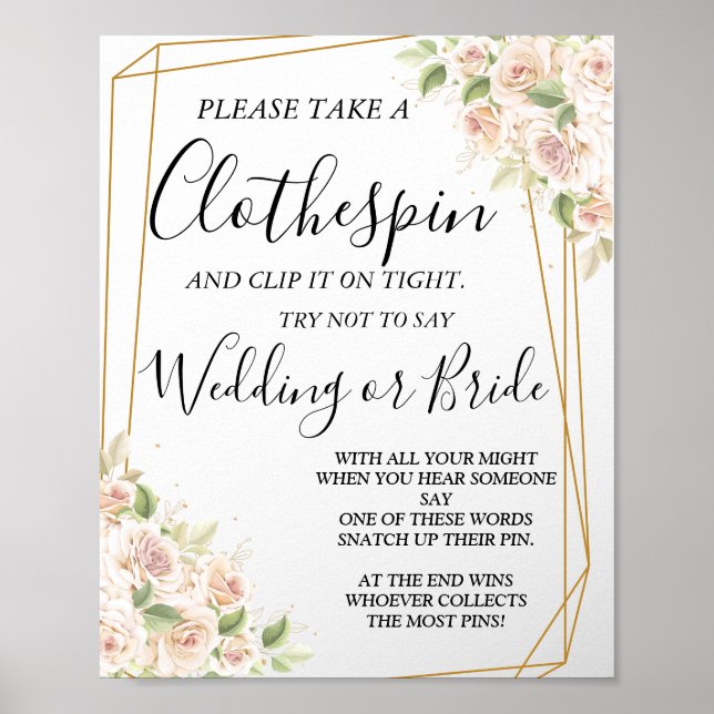 Floral Roses Clothespin bridal shower game sign (Front)