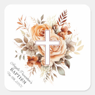 Floral Roses Cross Baptism Square Sticker