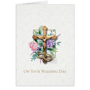 Floral Roses Crucifix Wedding Rings Cards