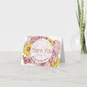 Floral Roses Daisies Terra Cotta Outlined Bouquet Thank You Card