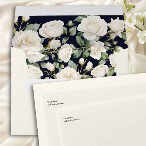 Floral Roses Dark Blue and Cream Invitation Envelope