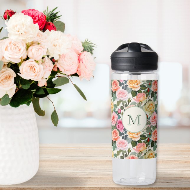 Floral Roses Elegant Flowers Botanic Garden Pretty Water Bottle (A very pretty water bottle for garden lovers, patterned with an elegant design of roses)