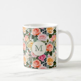 Floral Roses Elegant Flowers Pretty Monogrammed Mug