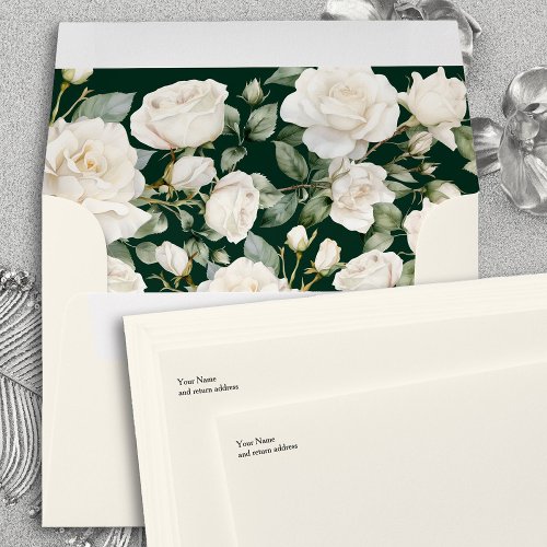Floral Roses Forest Green and Cream Invitation Envelope
