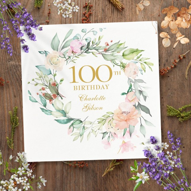Floral Roses Garland 100th Birthday Napkins (Creator Uploaded)