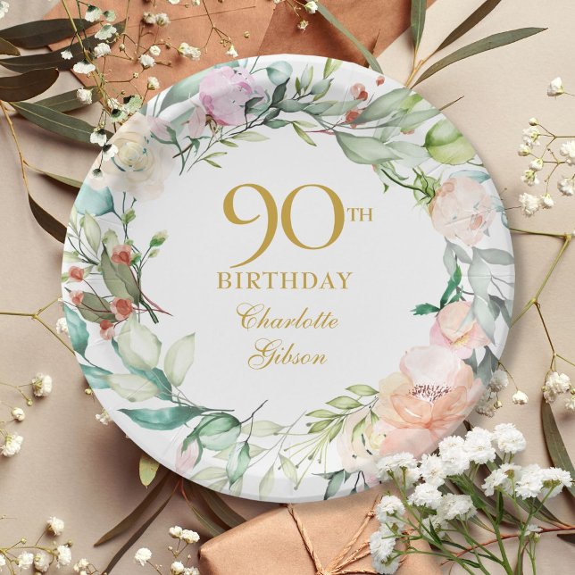 Floral Roses Garland 90th Birthday Paper Plates (Floral Roses Garland 90th Birthday Paper Plates)
