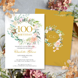 Floral Roses Garland Monogram 100th Birthday Invitation