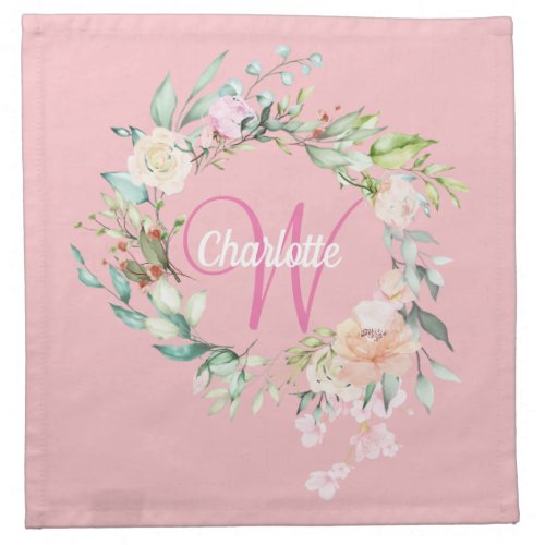 Floral Roses Garland Pink Script Monogram Cloth Napkin