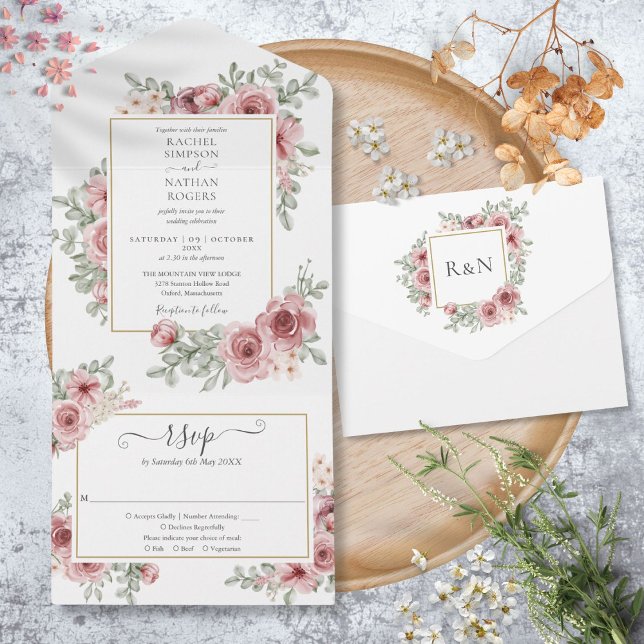 Floral Roses Gold Geometric Wedding All In One Invitation (Floral Roses Gold Geometric Wedding All In One Invitation)