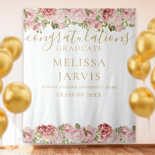 Floral Roses Gold Script Graduation Photo Backdrop