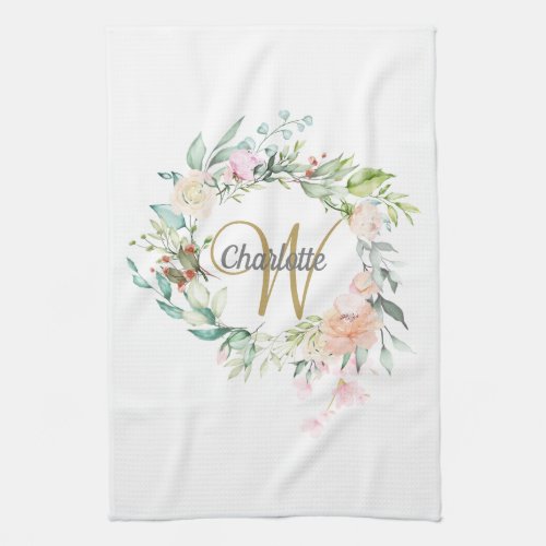 Floral Roses Gold Script Monogram Kitchen Towel