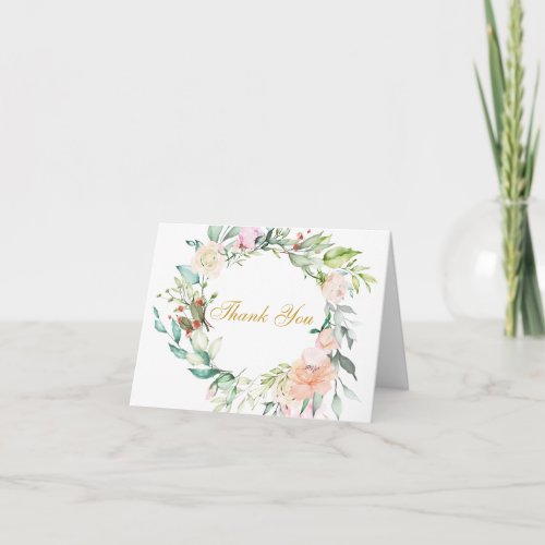 Floral Roses Greenery Gold Script Thank You Card