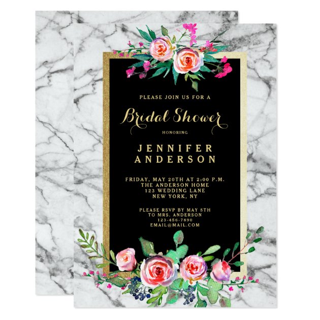Floral Roses Marble Wedding Bridal Shower Invite
