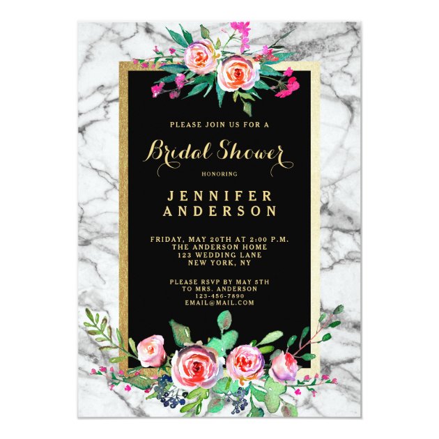 Floral Roses Marble Wedding Bridal Shower Invite