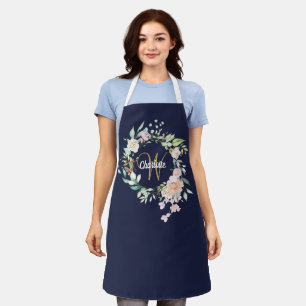 Floral Roses Monogram Gold Script Navy Blue Apron
