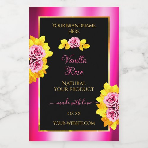Floral Roses Pink Black Product Labels Gold Frame