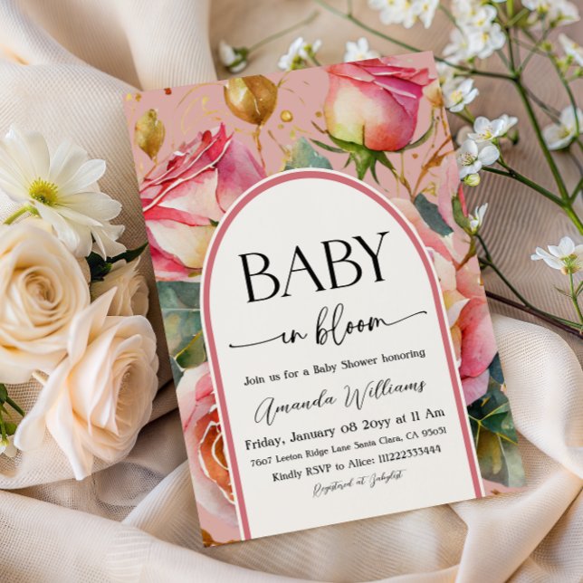 Floral Roses Pink Girl Baby in Bloom Baby Shower Invitation (Creator Uploaded)