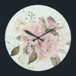 Floral Roses Pink  Large Clock<br><div class="desc">Floral,  Roses Pink Ivory,  A Rose is a Rose Wall Clock.  Customizable.  Soft display of roses backed by gold leaf</div>