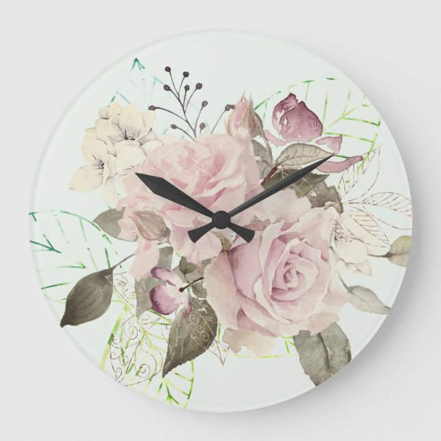 Floral Roses Pink  Large Clock (Front)